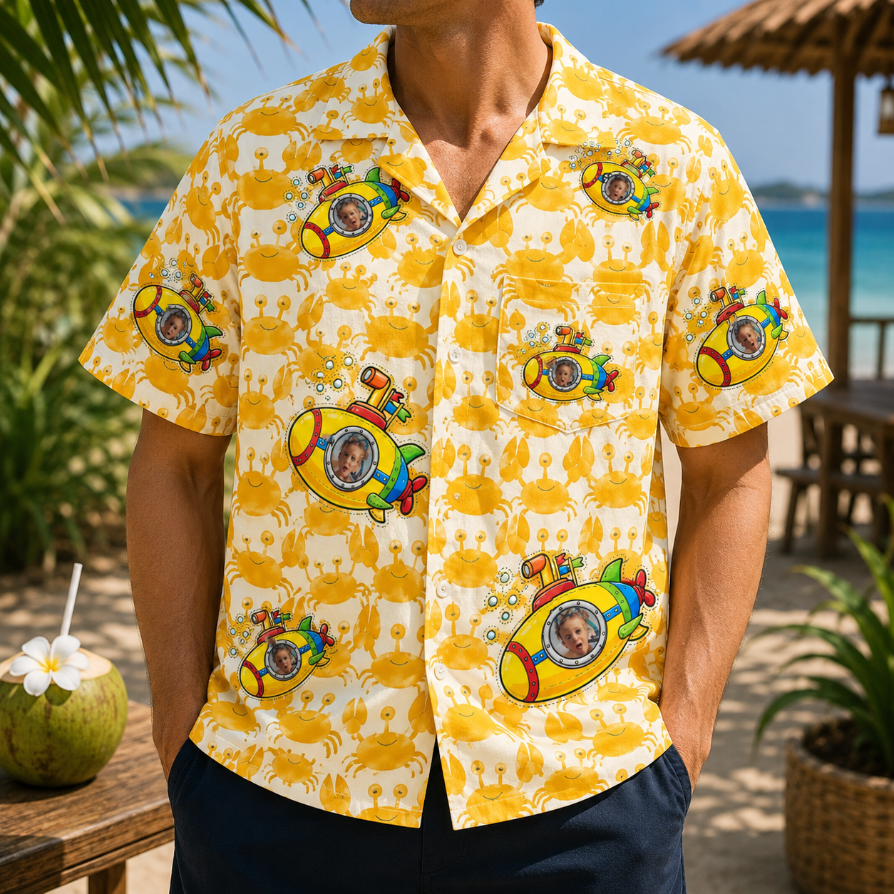 Personalized "Yellow Submarine & Crabs" Aloha Shirt