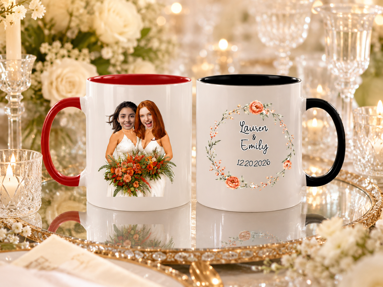 Custom Wedding Mug Set Of 2 Bride Floral Wreath Ceramic Mugs 11oz 15oz