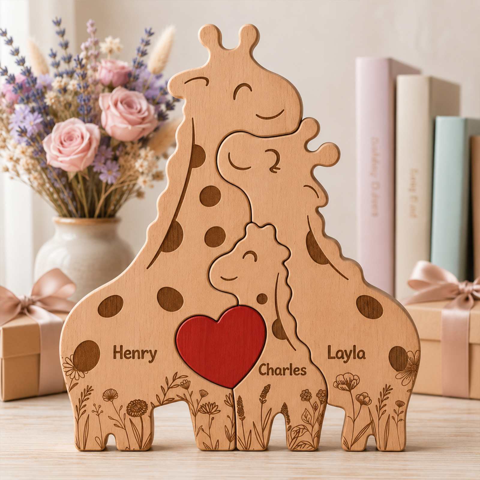 Wooden Giraffe Family Puzzle Mother'S Day Gift For Mom, Mum, Wife - Personalized Puzzle