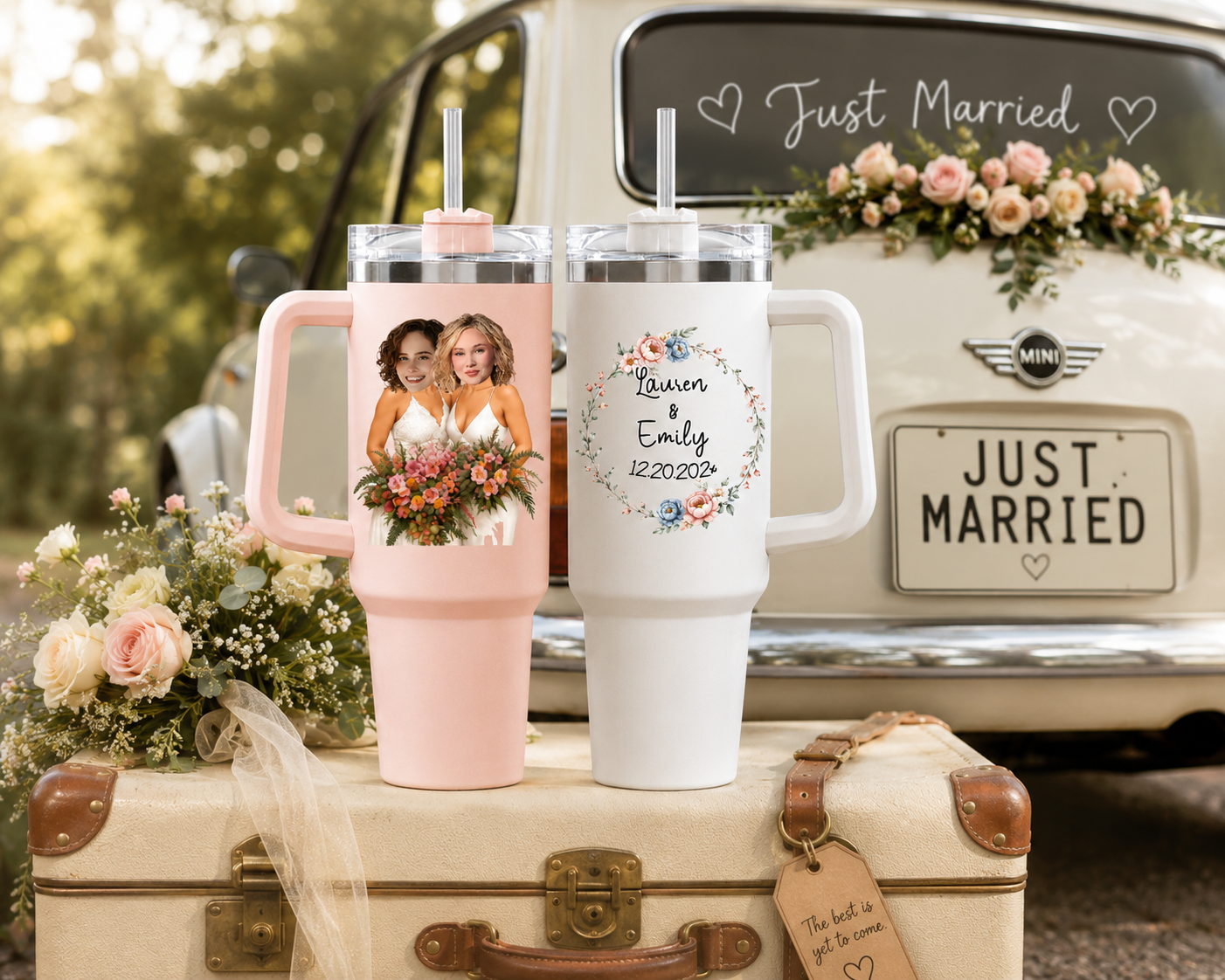 Custom Wedding Tumbler Set Of 2 Bride Floral Wreath 40oz Tumblers