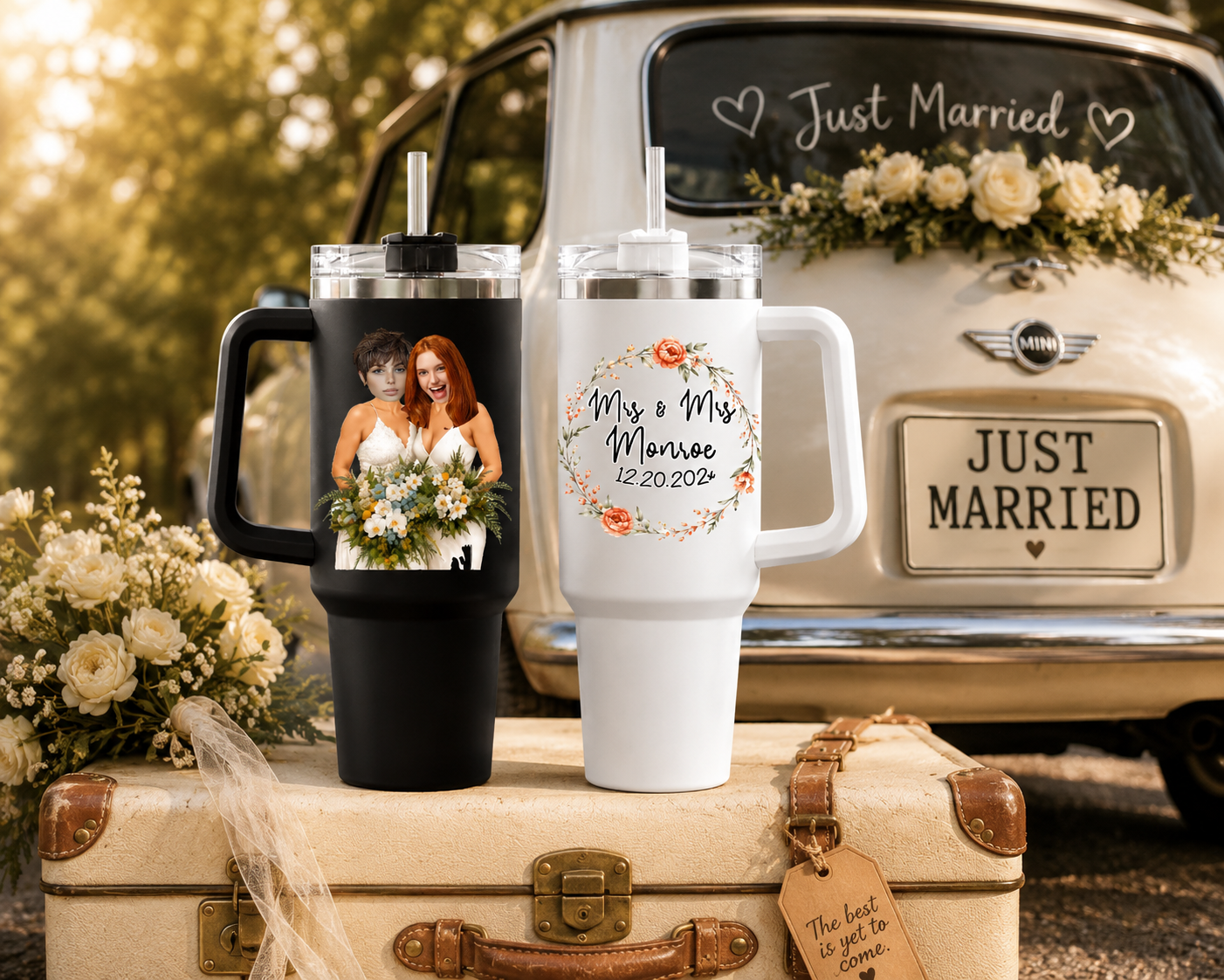 Personalized Mrs & Mrs Tumbler Set Of 2, Custom Wedding Day 40oz Tumblers For Lesbian Couple