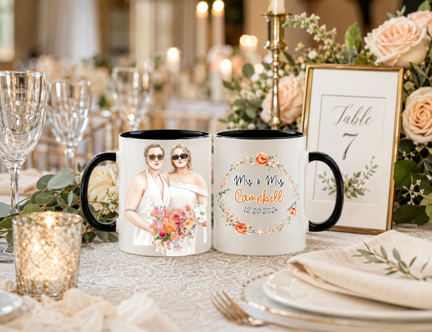 Personalized Mrs & Mrs Mug Set Of 2, Custom Wedding Day Mug For Lesbian Couple, Just Married Mug, Two Brides Cups 11oz 15oz
