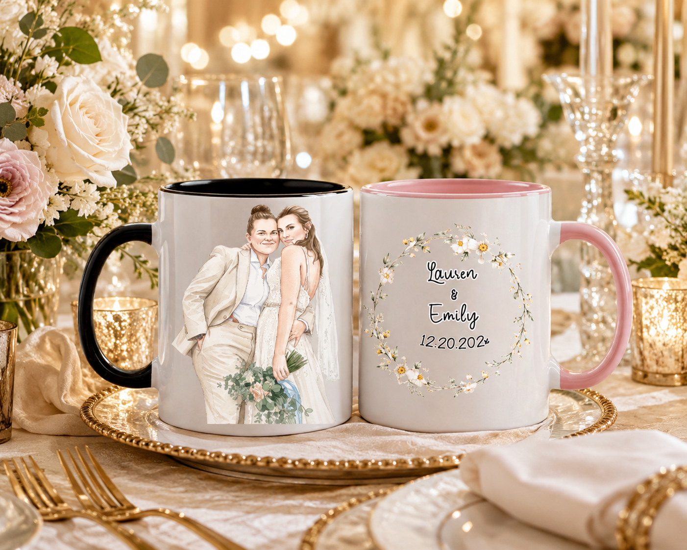 Personalized Custom Name Mug Set Of 2, Custom Wedding Day Mug For Couple, Just Married Mug, Two Brides Cups 11oz 15oz