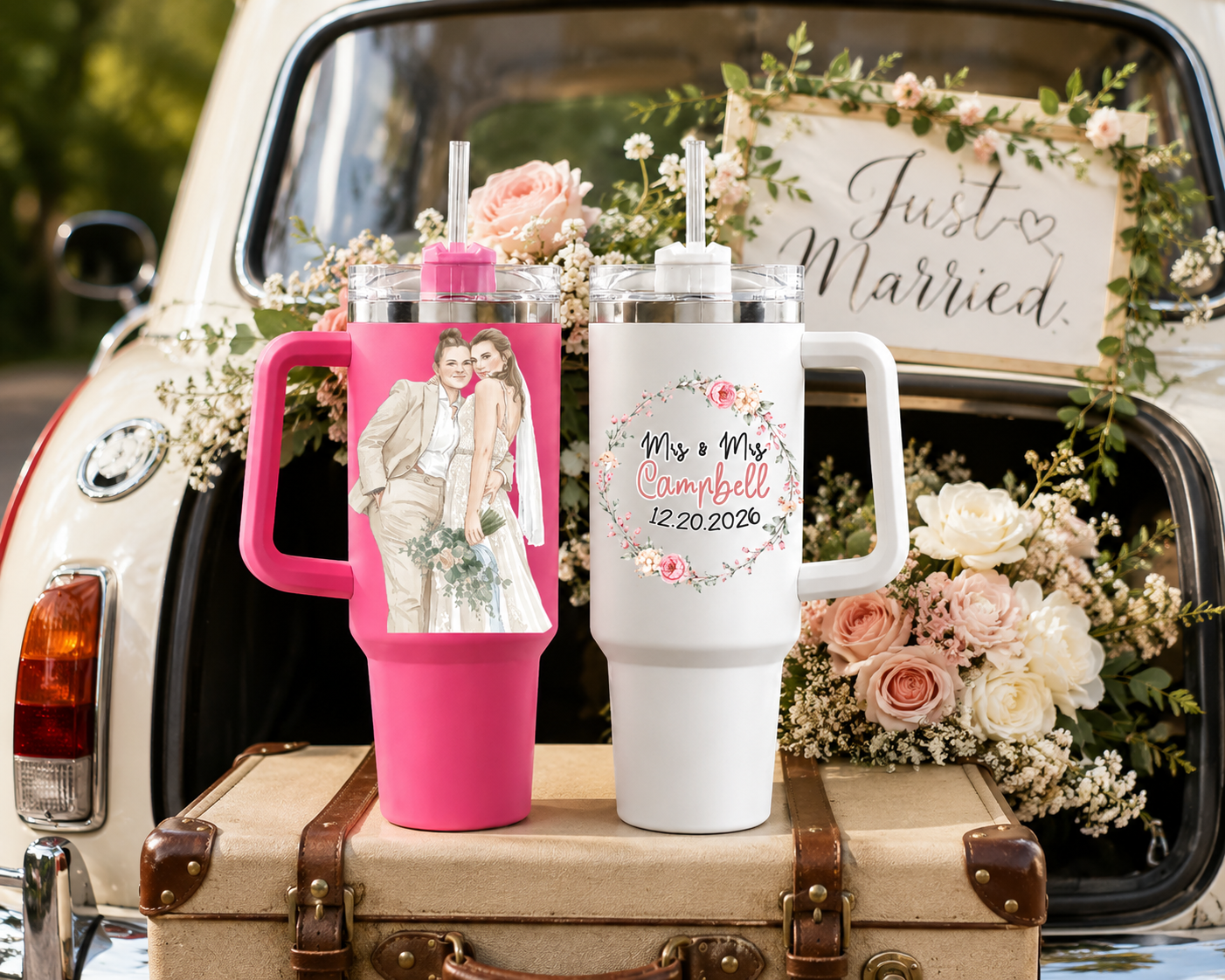 Personalized Mrs & Mrs Tumbler Set Of 2, Custom Wedding Day 40oz Tumblers For Lesbian Couple, Two Brides Travel Tumblers