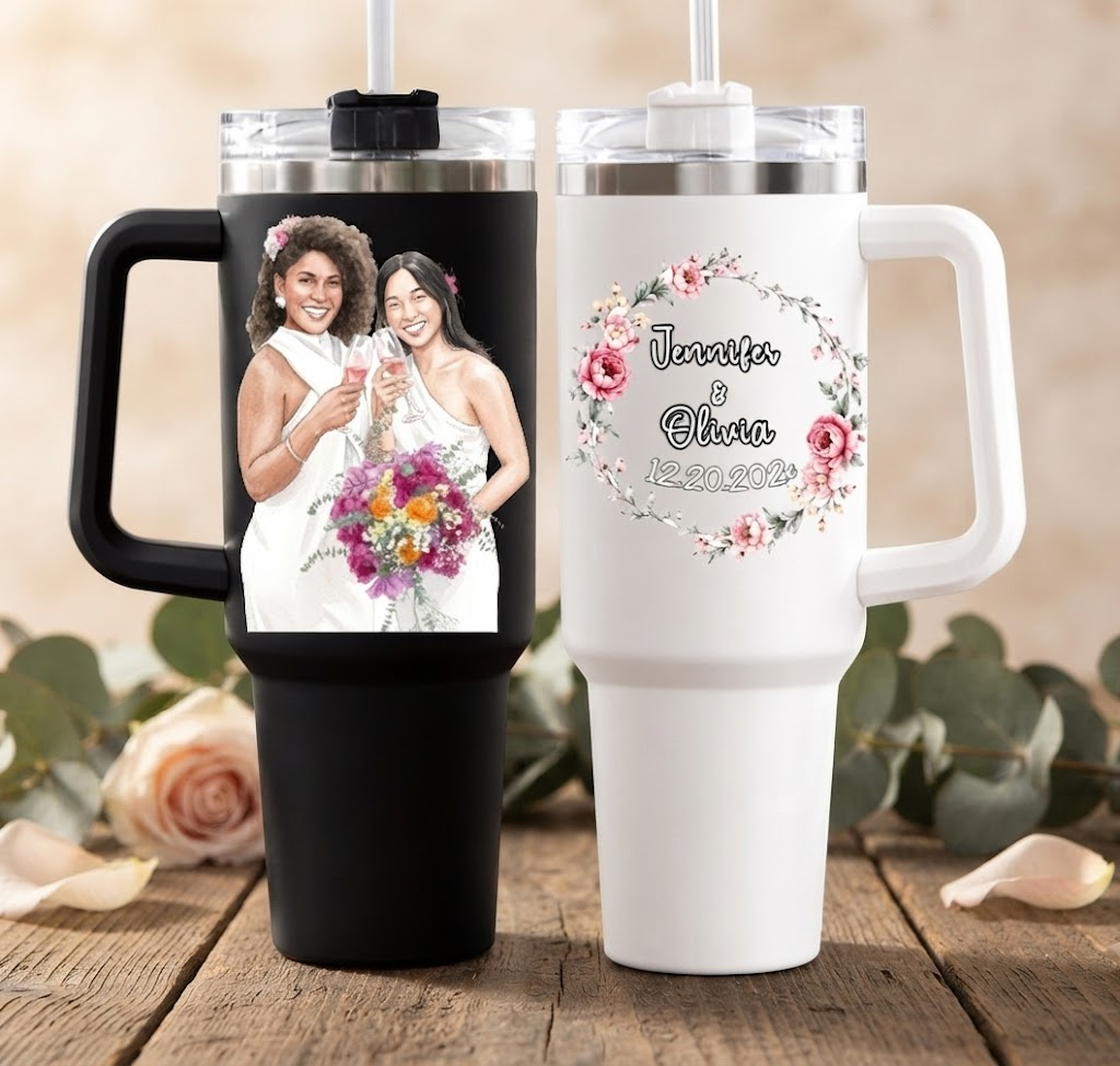 Personalized Custom Name Tumbler Set Of 2, Custom Wedding Day 40oz Tumblers For Couple, Just Married Travel Tumblers