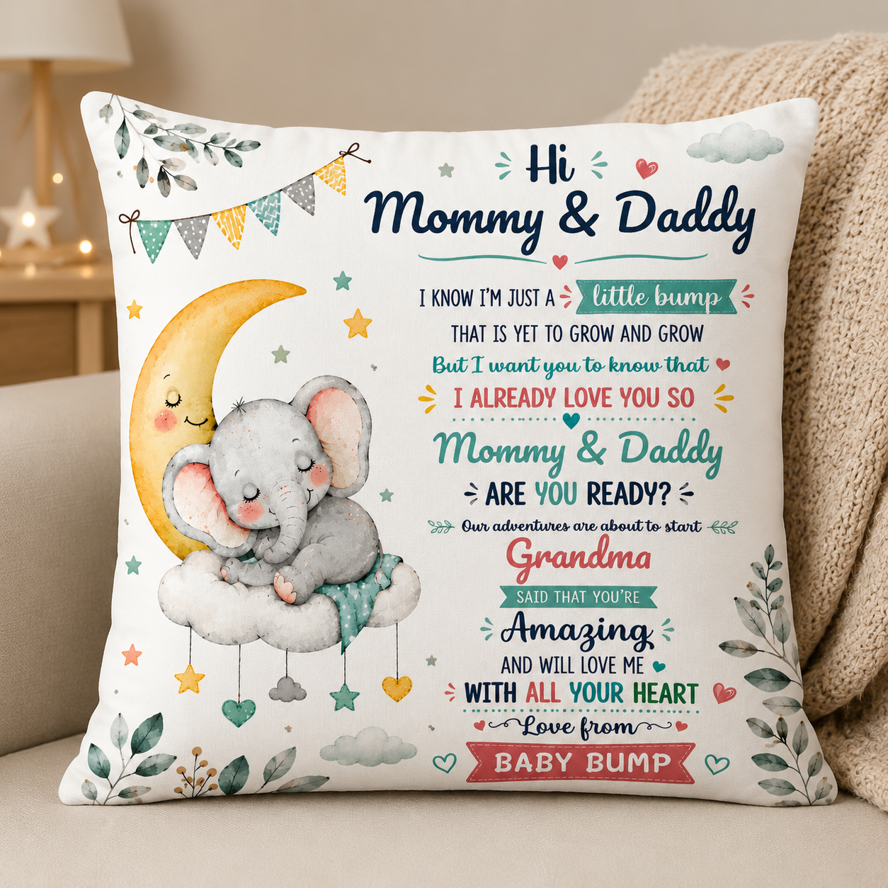 Hi Mommy & Daddy, Little Elephant And Leaves Design, Pillow, Gift For Expecting Parents