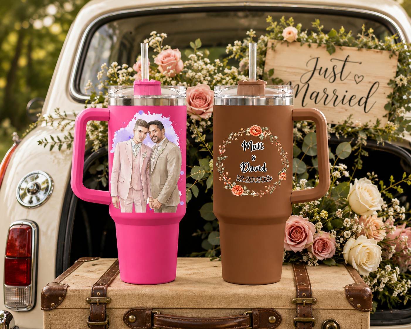 Personalized Men Custom Name Tumbler Set Of 2, Custom Wedding Day 40oz Tumblers For Gay Couple, Two Grooms Travel Tumblers