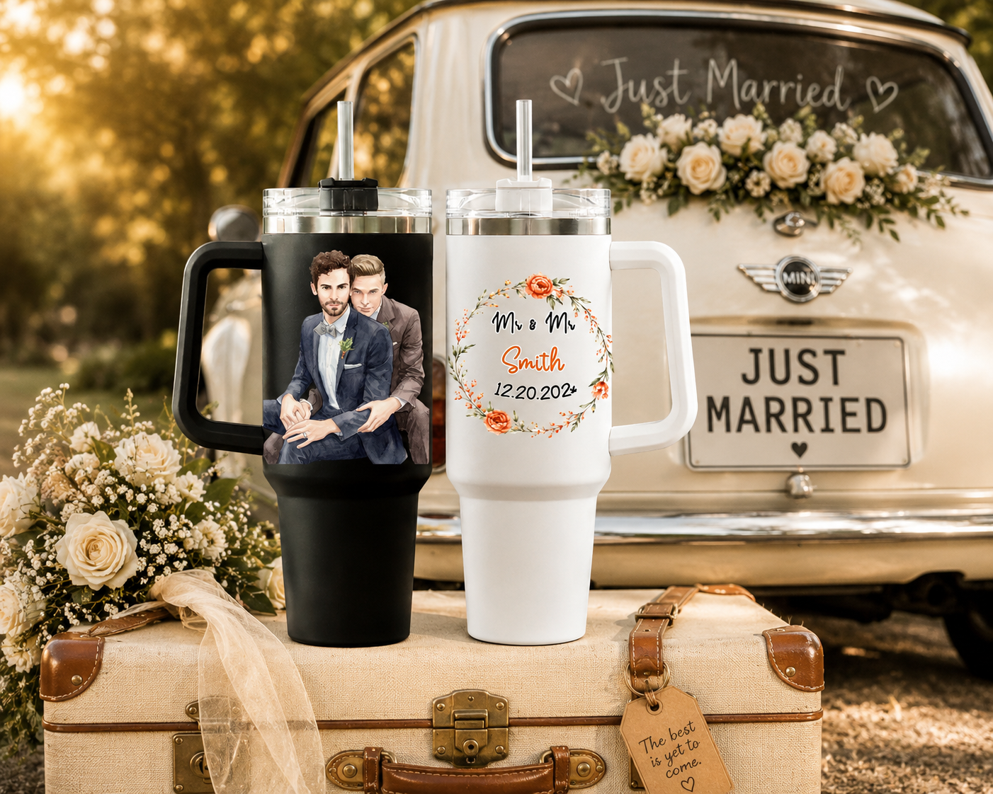 Personalized Mr & Mr Tumbler Set Of 2, Custom Wedding Day 40oz Tumblers For Gay Couple, Two Grooms Travel Tumblers