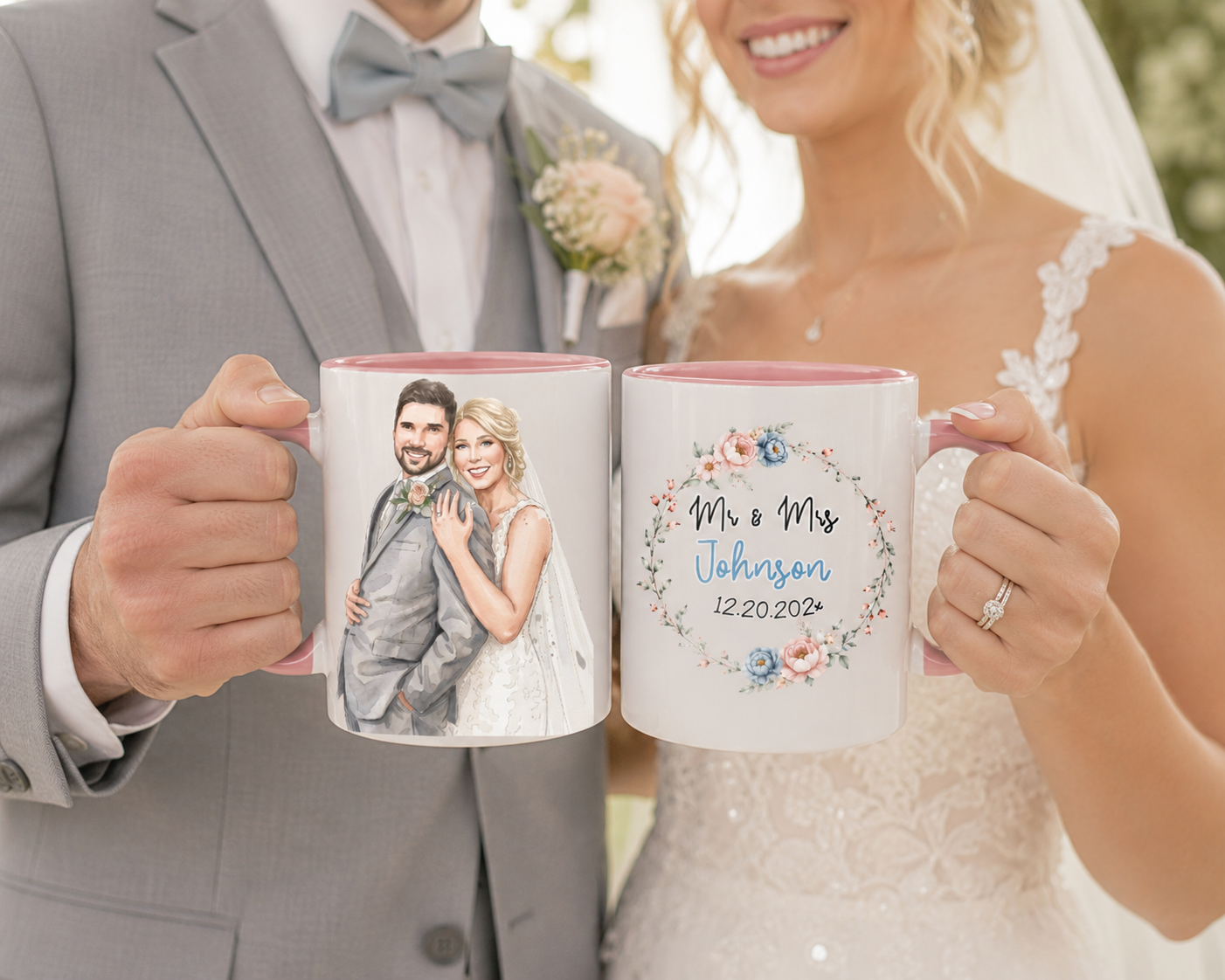 Personalized Mr & Mrs Mug Set Of 2, Custom Wedding Day Mug For Couple, Just Married Mug, Two Persons Cups 11oz 15oz