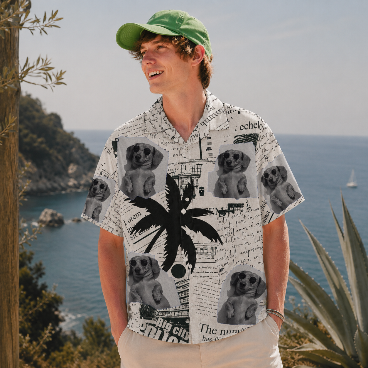 Fun Pet Portrait Cityscape Hawaiian Shirt – Custom Pet Face Vacation Aloha Tee, Tropical Beach Shirt For Dog & Cat Lovers