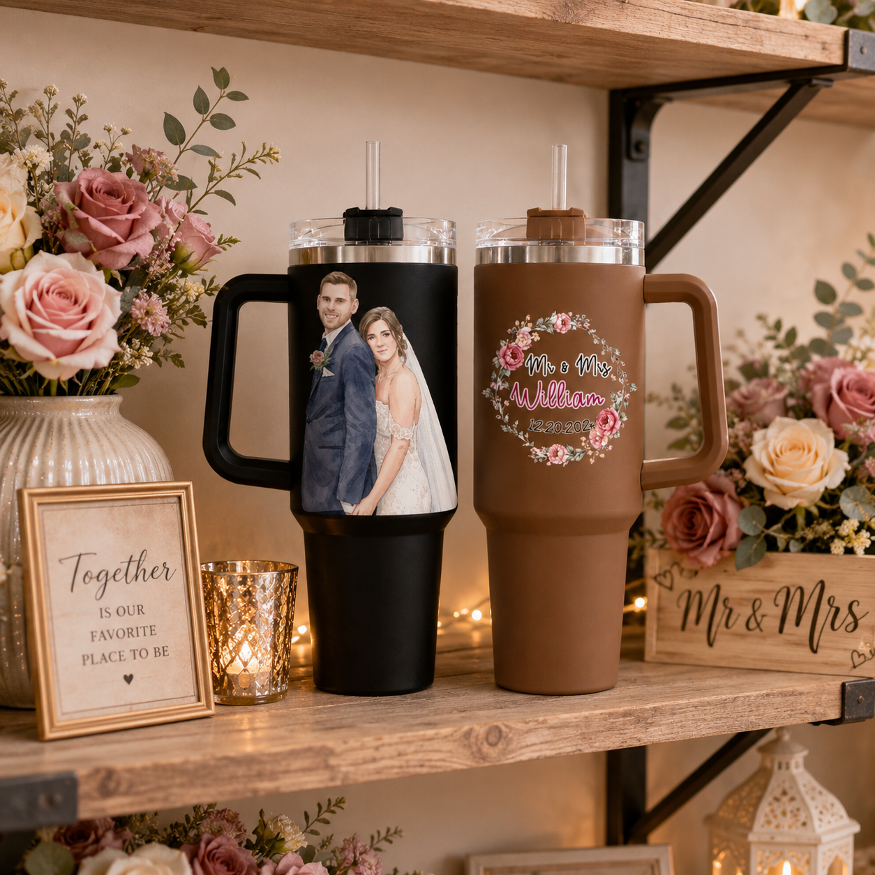 Personalized Mr & Mrs Tumbler Set Of 2, Custom Wedding Day 40oz Tumblers For Couple