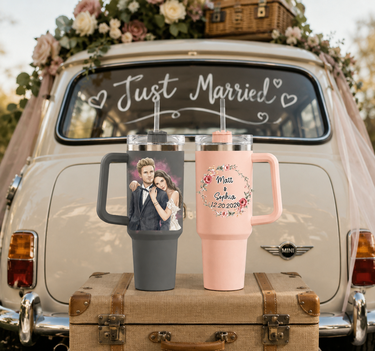 Personalized Couple Custom Name Tumbler Set Of 2, Custom Wedding Day 40oz Tumblers, Bride And Groom Travel Tumblers