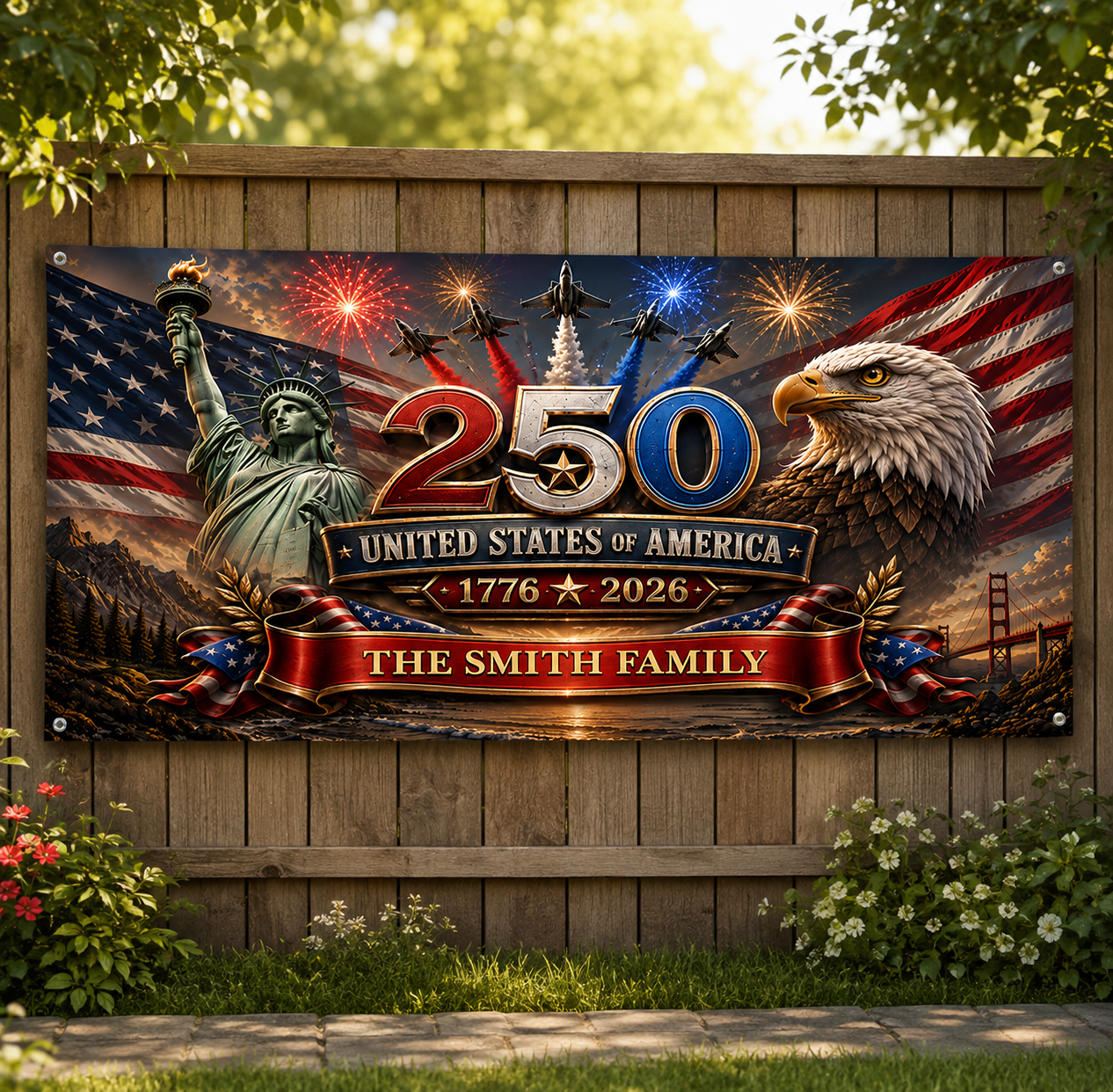 Custom Polyester Outdoor Banner - Personalized America 250th Anniversary Gifts For Mom, Dad, Brother, Sister, Kids - Strong As One