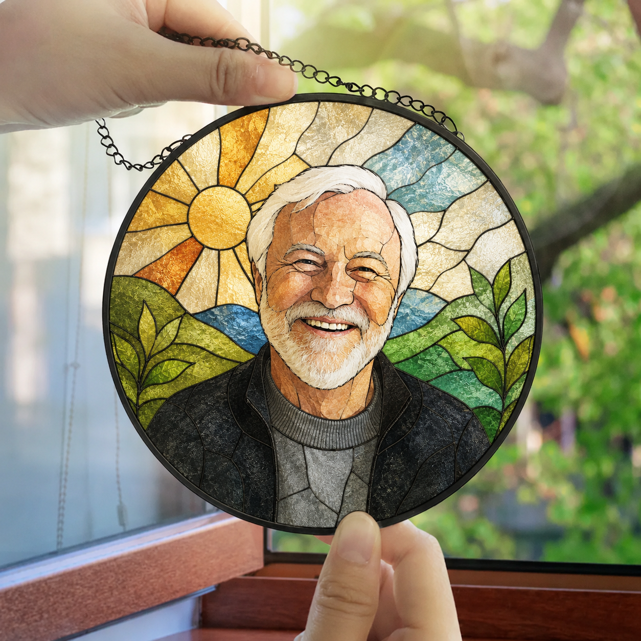 Custom Photo Portrait Mom Grandma Parents Family - Personalized Stained Glass Window Hanging Suncatcher