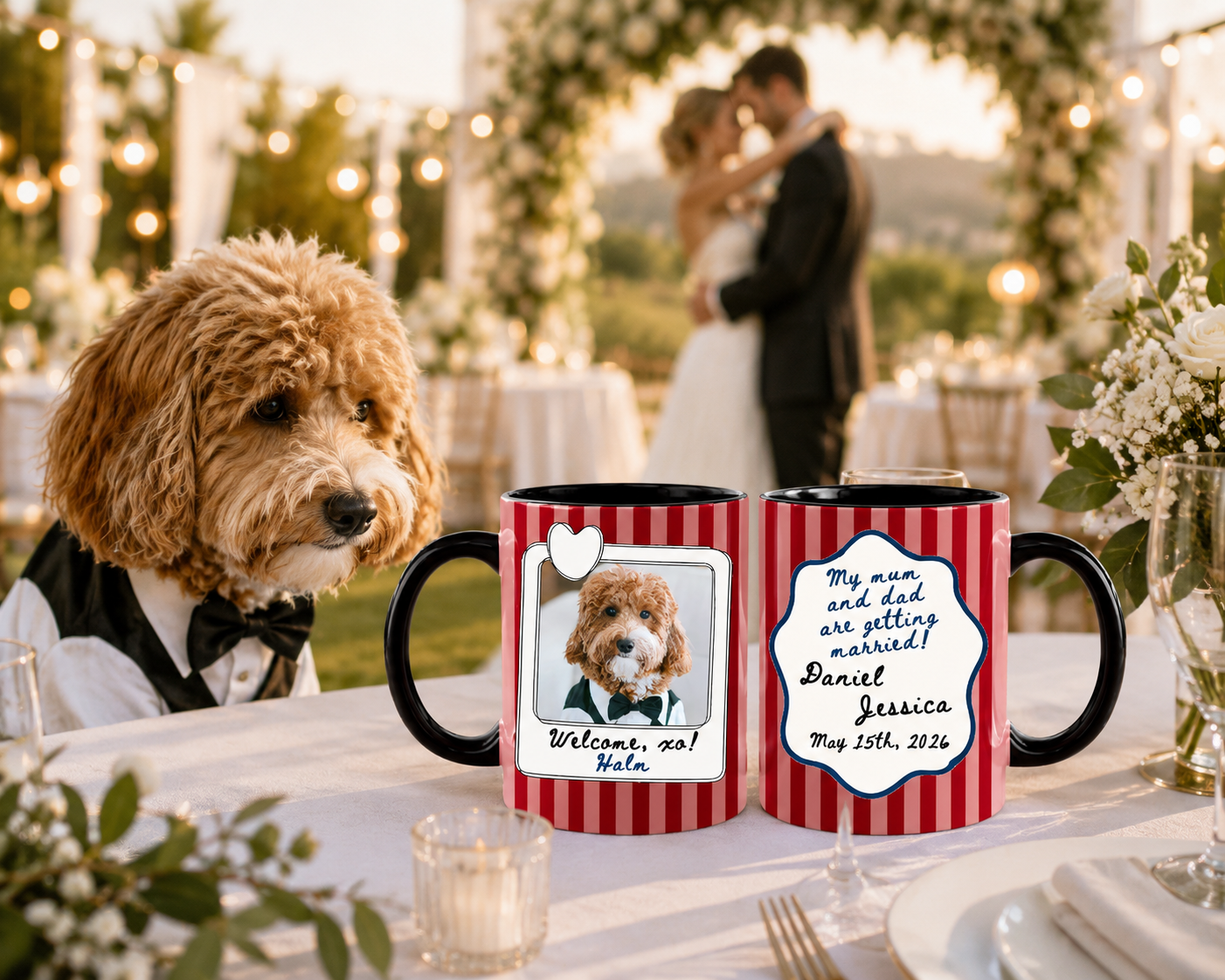 Personalized Set Of 2 Dog Wedding Mugs | Custom Stripe Pet Photo Coffee Cups | Engagement Gift