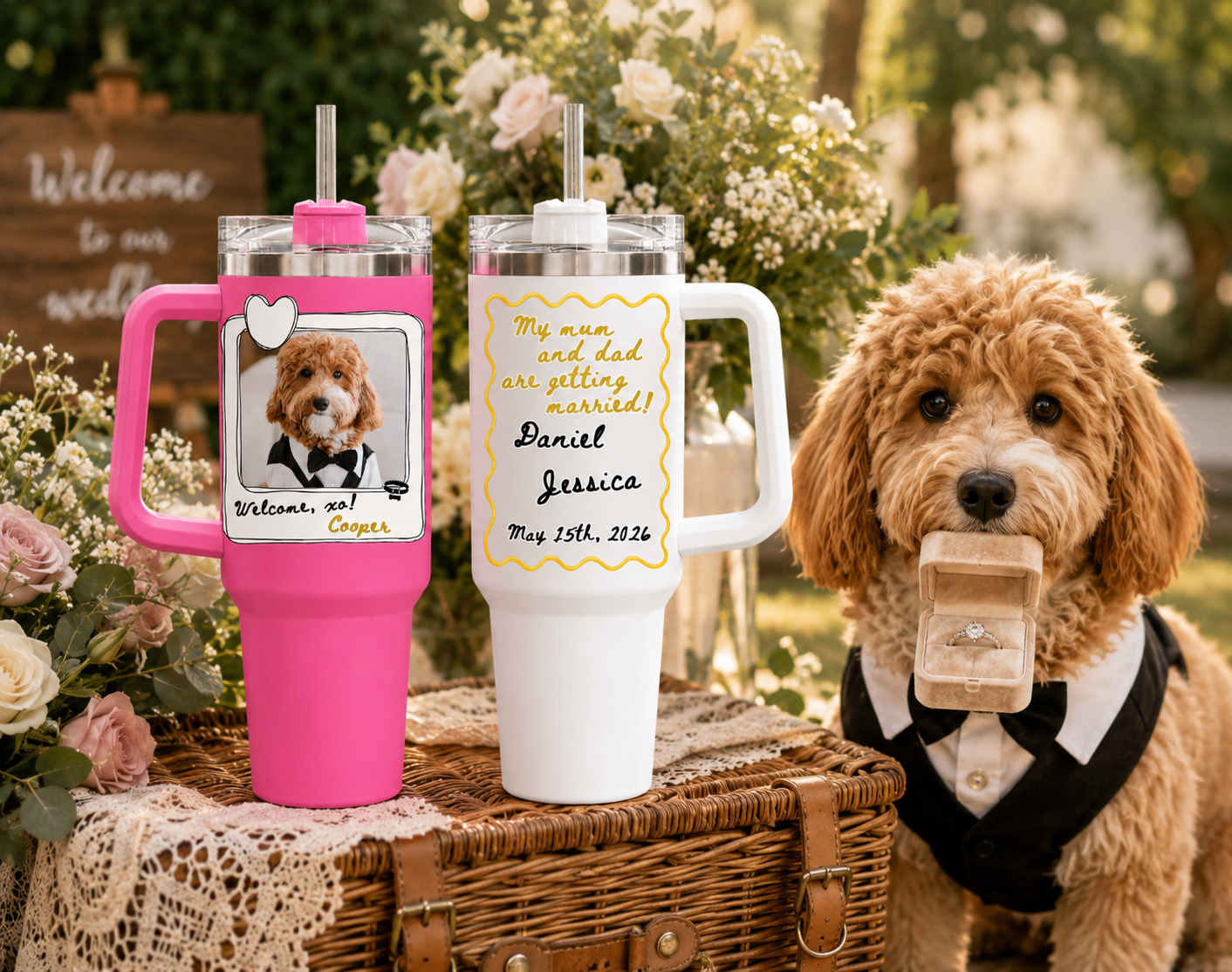 Personalized Set Of 2 Dog Wedding 40oz Tumblers, Custom Pet Photo Travel Mugs, Engagement Gift