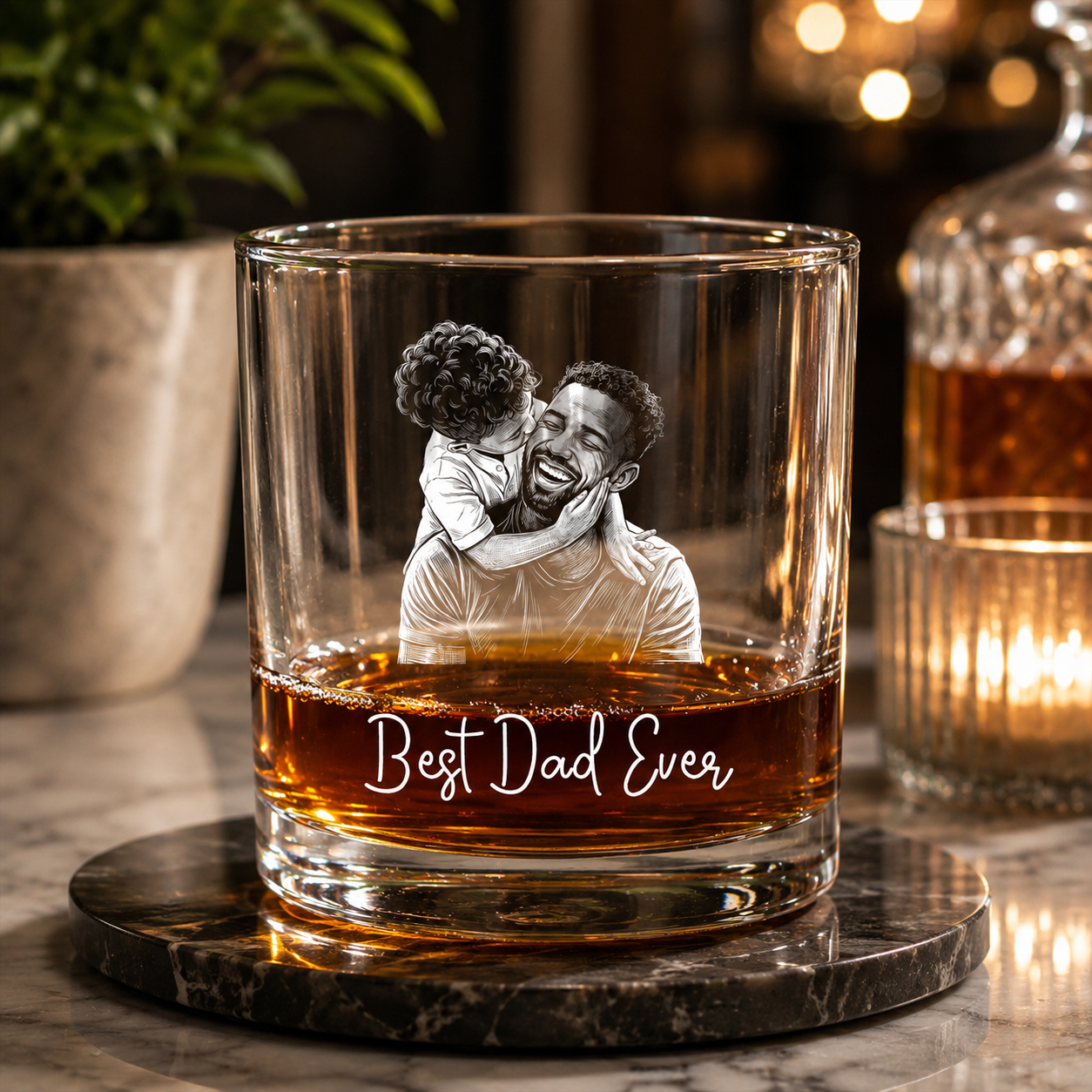 Custom Photo Pencil Sketch Best Dad Ever - Personalized Whiskey Glass