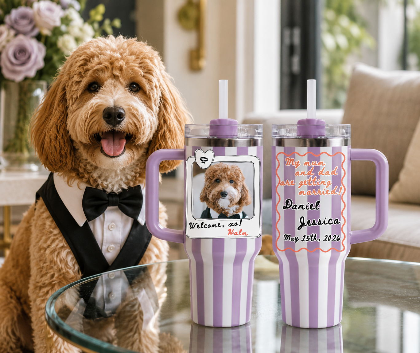 Personalized Set Of 2 Stripe Dog Wedding 40oz Tumblers, Custom Pet Photo Travel Mugs, Engagement Gift