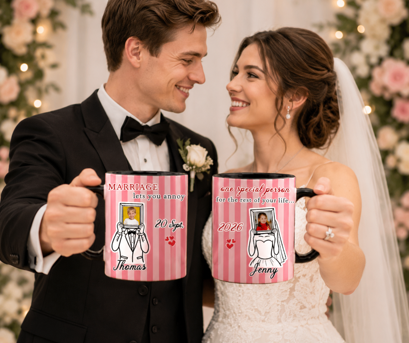 Personalized "Marriage Lets You Annoy" Stripe Wedding Mug Set