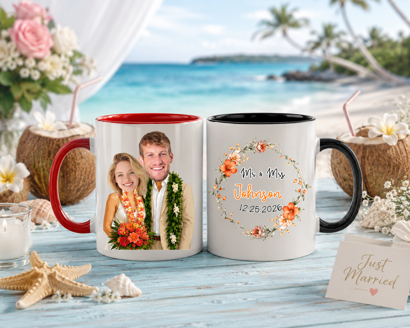 Personalized Mr & Mrs Hawaii Wedding Mug Set, Custom Face Tropical Beach Bride & Groom Coffee Cups 11oz 15oz