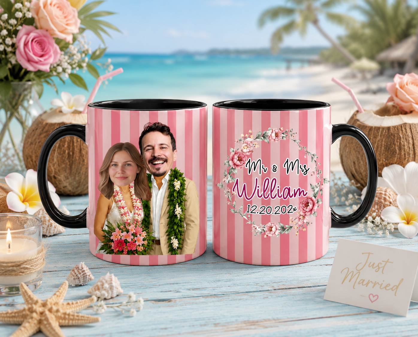 Personalized Mr & Mrs Hawaii Wedding Stripe Mug Set, Custom Face Tropical Beach Couple Coffee Cup 11oz 15oz