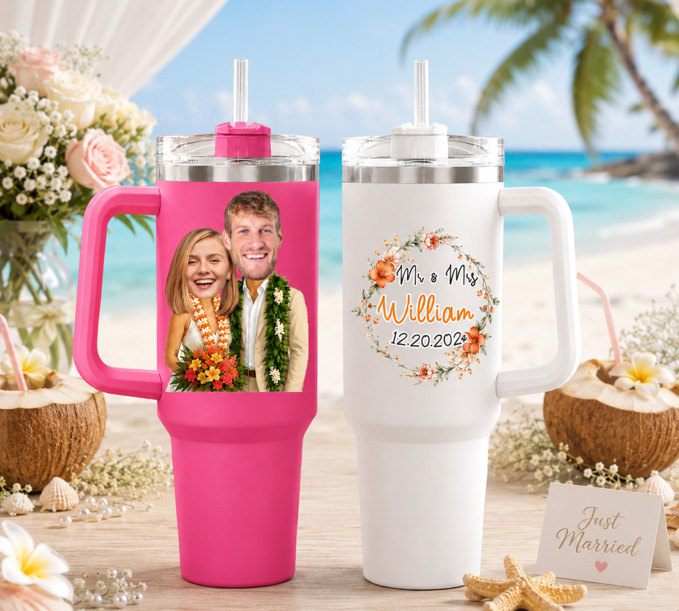 Personalized Mr & Mrs Hawaii Wedding 40oz Tumbler Set, Custom Face Tropical Beach Couple Travel Tumblers With Handle & Straw, Just Married Gift