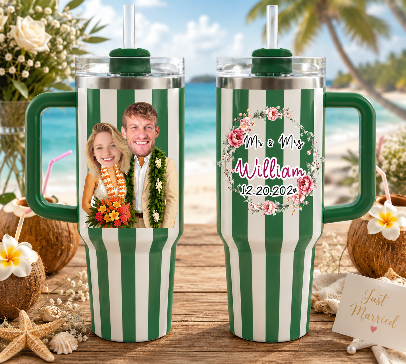Personalized Mr & Mrs Hawaii Wedding Stripe 40oz Tumbler Set, Custom Face Tropical Beach Couple Travel Tumblers With Handle & Straw, Just Married Gift