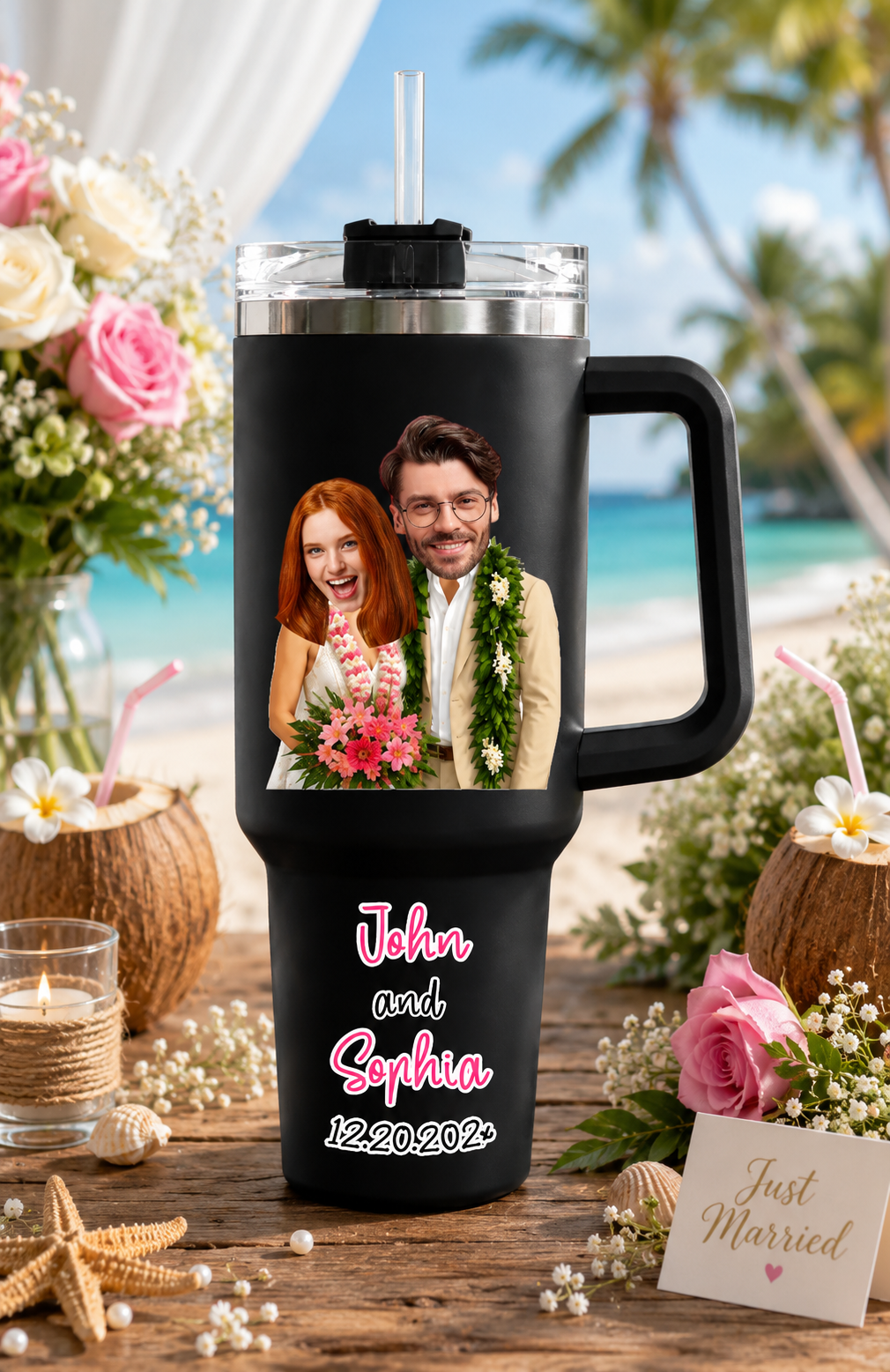 Personalized Hawaii Wedding 40oz Tumbler, Custom Face Tropical Beach Couple Travel Tumbler With Handle & Straw, Just Married Gift