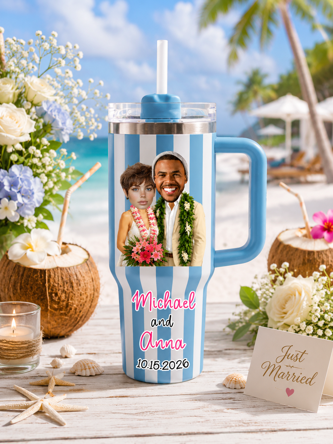 Personalized Hawaii Wedding 40oz Tumbler, Custom Face Tropical Beach Couple Travel Tumbler With Handle & Straw, Just Married Gift