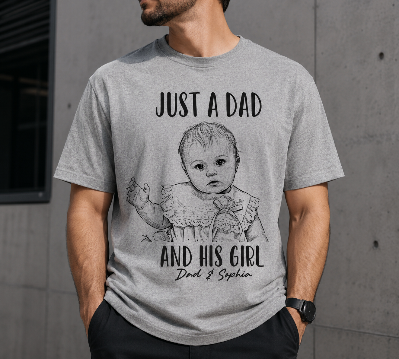 Custom Photo Pencil Sketch Portrait A Dad And His Girl - Personalized T Shirt