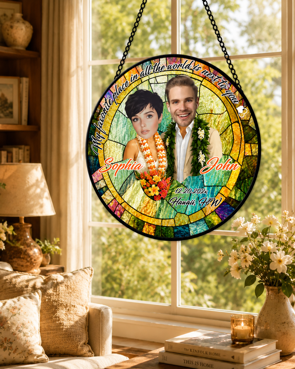 Favorite Place In The World Personalized Hawaii Beach Stained Glass Suncatcher, Summer Just Married Gift