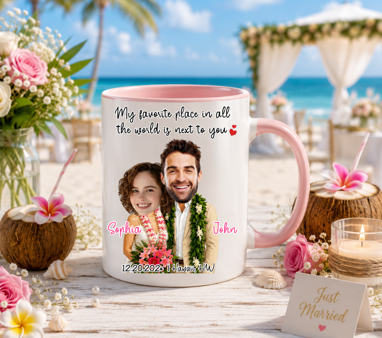 Favorite Place In The World Couple Personalized Hawaii Wedding Ceramic Mug, Custom Face Tropical Beach 11oz 15oz