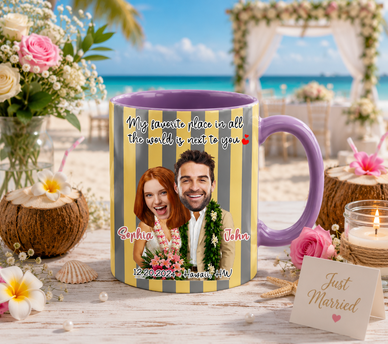 Favorite Place In The World Couple Personalized Hawaii Wedding Stripe Ceramic Mug, Custom Face Tropical Beach Couple Coffee Cup 11oz 15oz