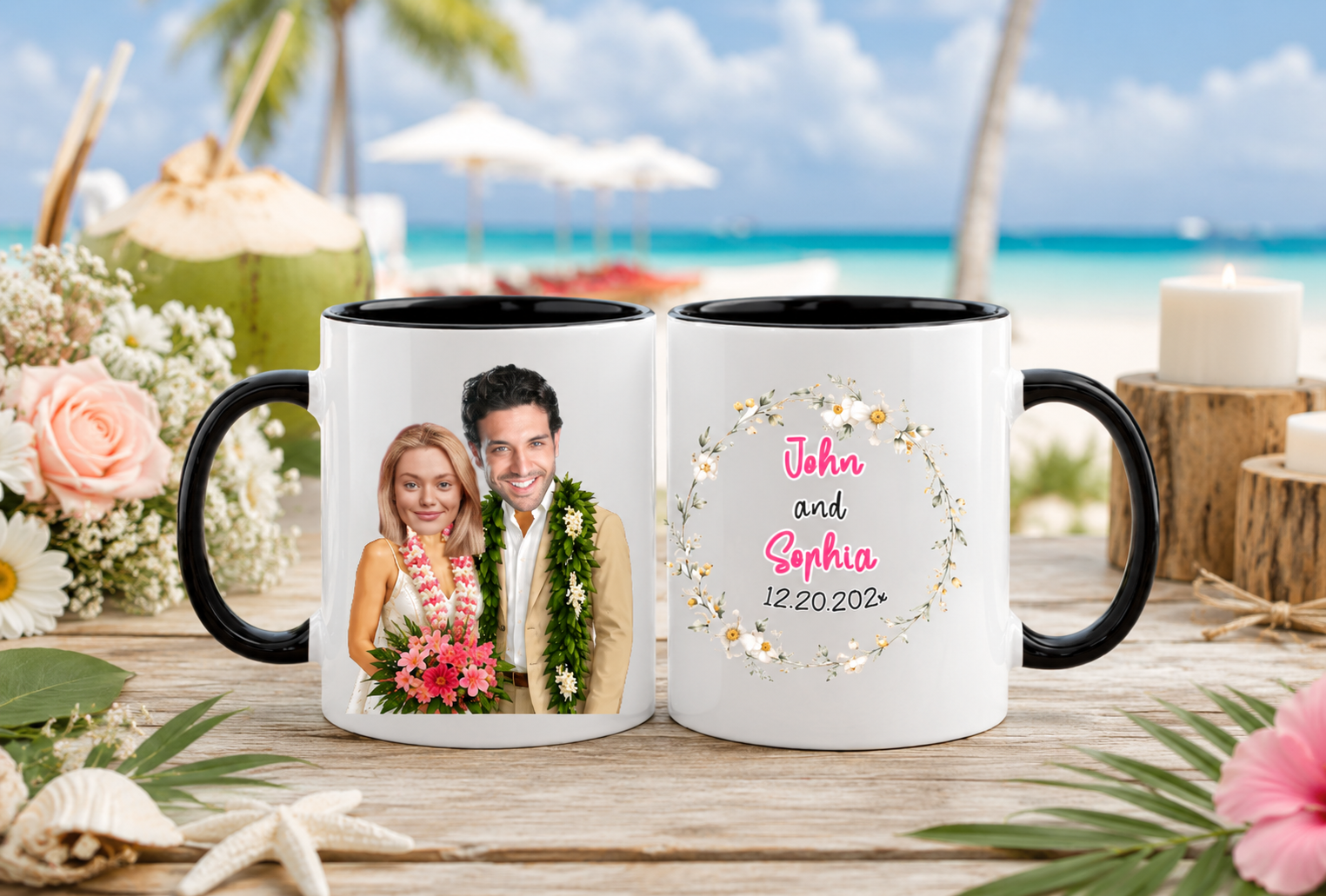 Personalized Hawaii Wedding Mug Set, Custom Face Tropical Beach Couple Coffee Cup, Just Married Gift 11oz 15oz