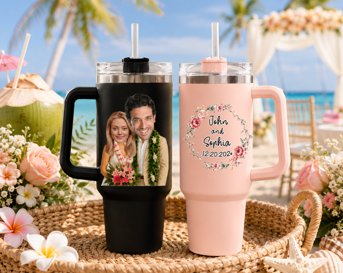 Personalized Hawaii Wedding 40oz Tumbler Set, Custom Face Tropical Beach Couple Travel Tumbler With Handle & Straw, Just Married Gift