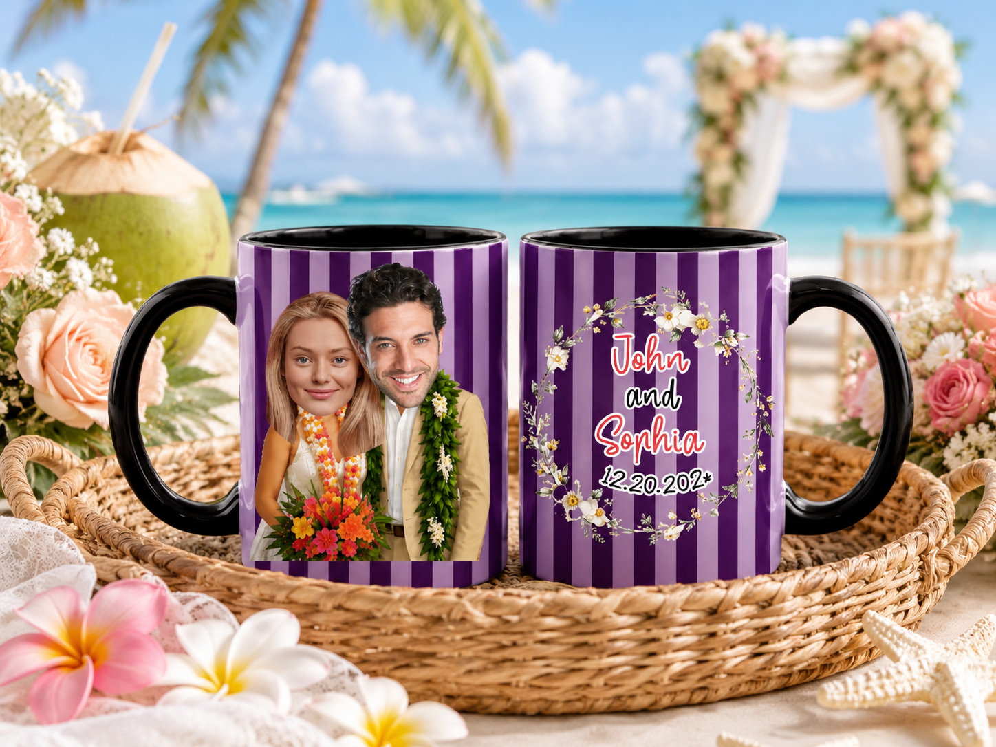 Personalized Hawaii Wedding Stripe Mug Set, Custom Face Tropical Beach Couple Coffee Cup, Just Married Gift 11oz 15oz