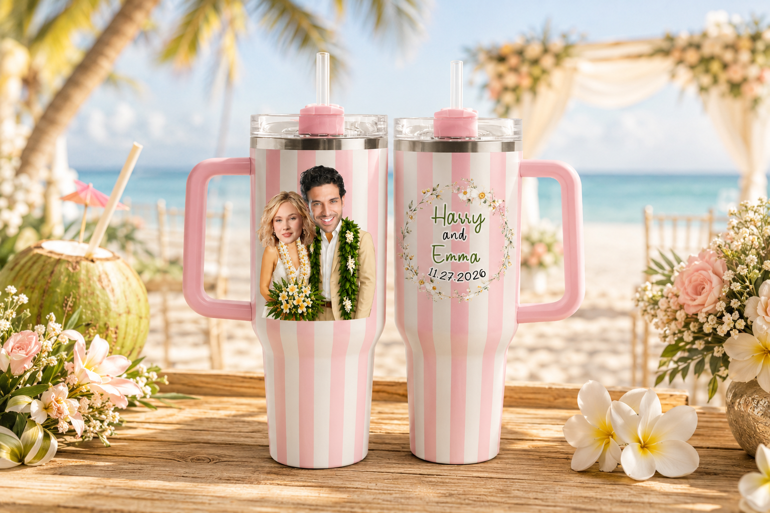 Personalized Hawaii Wedding Stripe 40oz Tumbler Set, Custom Face Tropical Beach Couple Travel Mug With Handle & Straw, Just Married Gift