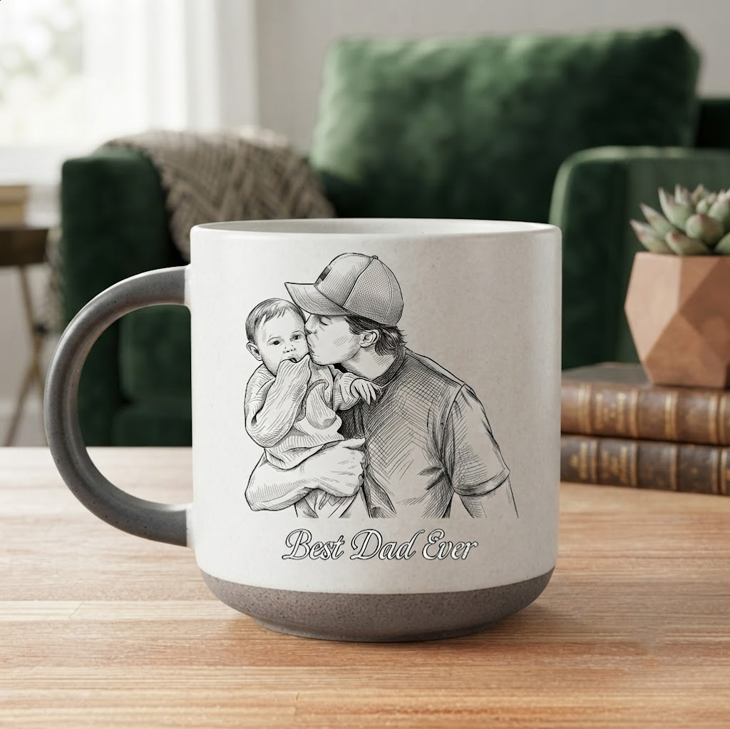 Custom Photo Pencil Sketch Best Dad Grandpa Ever Family Portrait - Personalized Pottery Mug