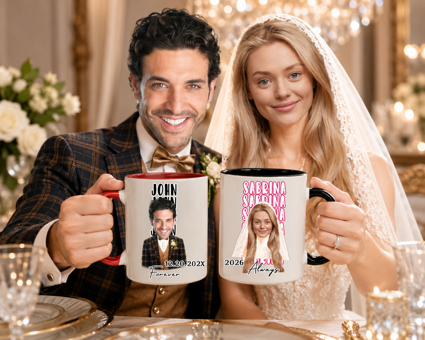Name Repeating Set Of 2 Mugs, Personalized Wedding Anniversary Mug Set, Custom Face Couple Coffee Cup, 11oz 15oz