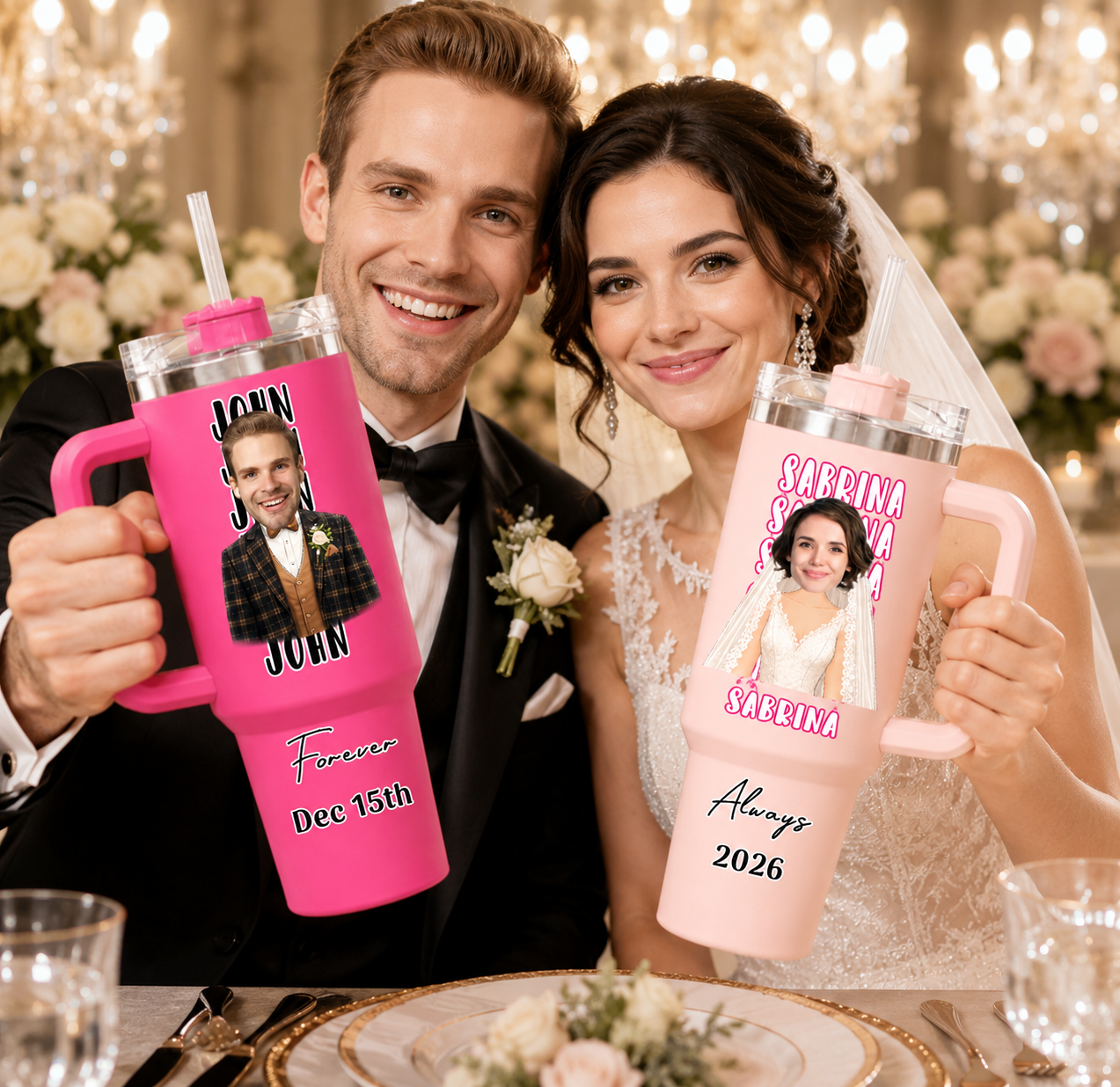Name Repeating Set Of 2 Tumblers, Personalized Wedding Anniversary 40oz Tumbler Set, Custom Face Couple Travel Tumbler With Handle & Straw, Custom Text & Date Gift