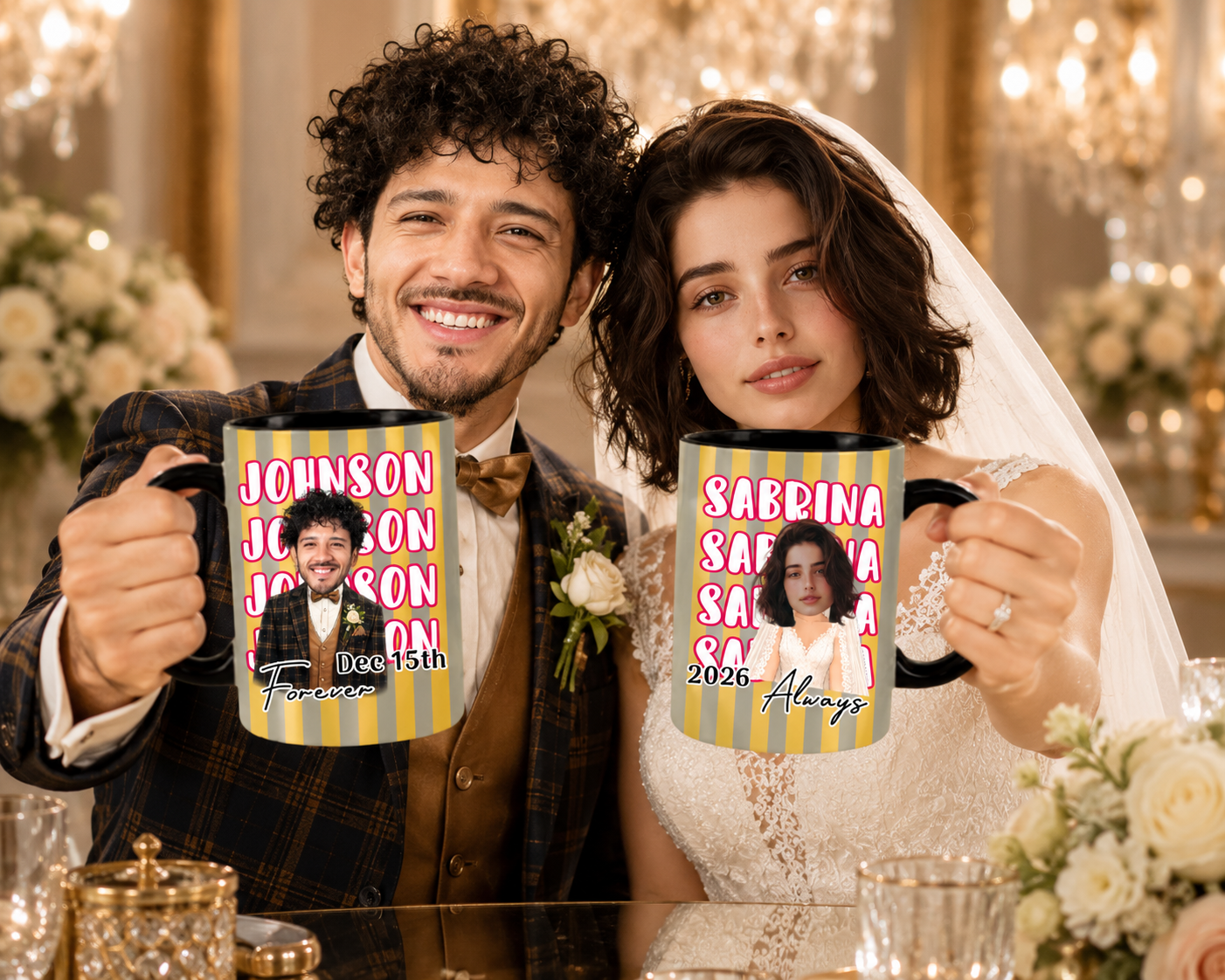 Personalized Wedding Anniversary Stripe Mug Set, Custom Face Couple Coffee Cup, Name Repeating Gift Set Of 2, Travel Mug 11oz 15oz