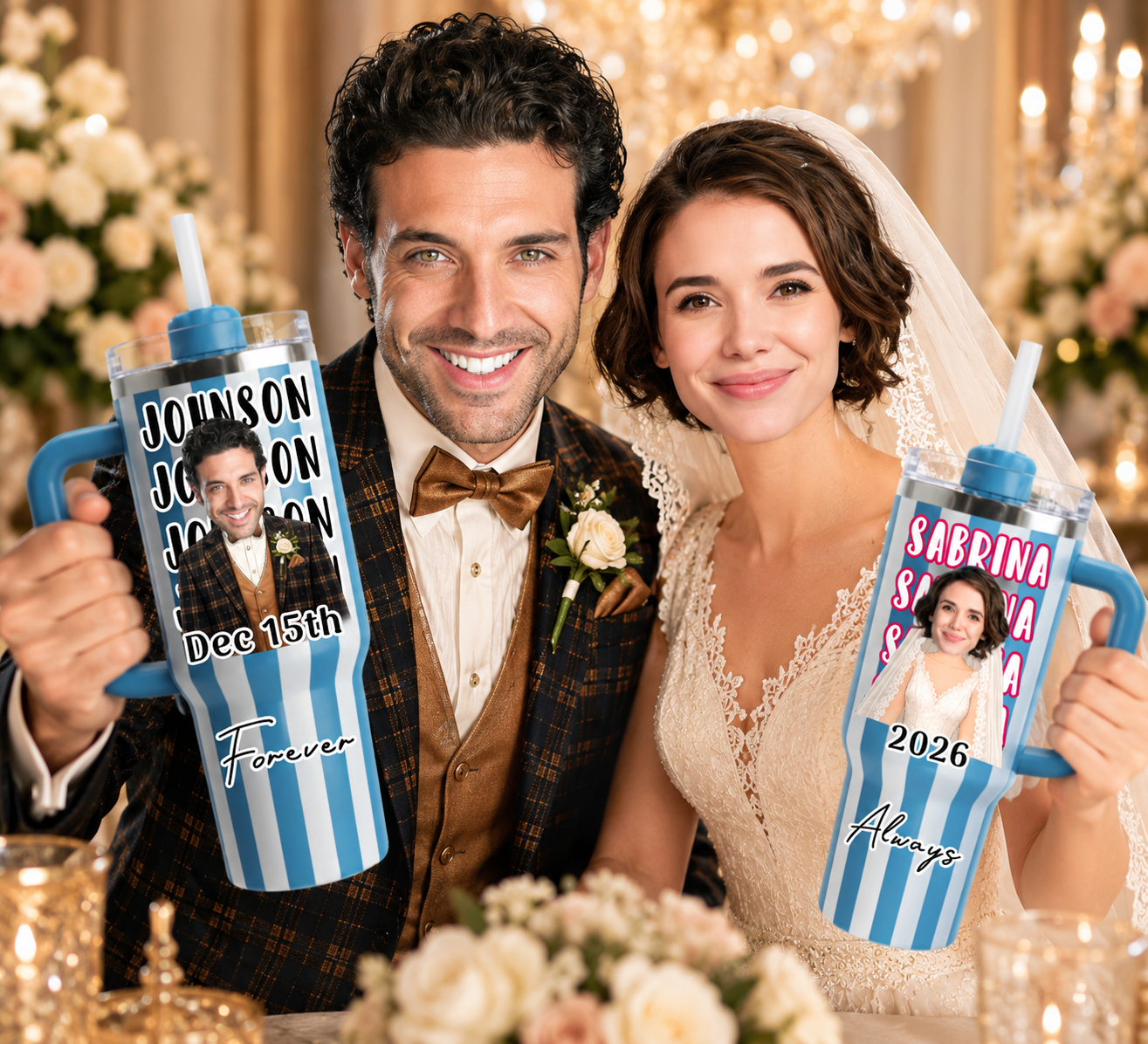 Personalized Wedding Anniversary Stripe 40oz Tumbler Set, Custom Face Couple Travel Mug With Handle & Straw, Name Repeating Tumbler