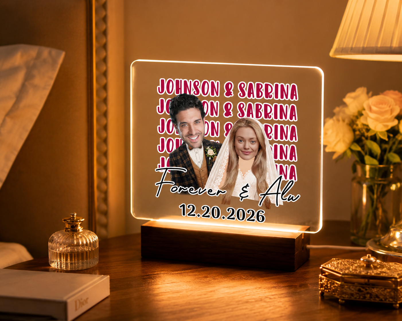 Personalized Wedding Anniversary Acrylic Night Light, Custom Face Couple Led Lamp, Name Repeating Acrylic Night Light<