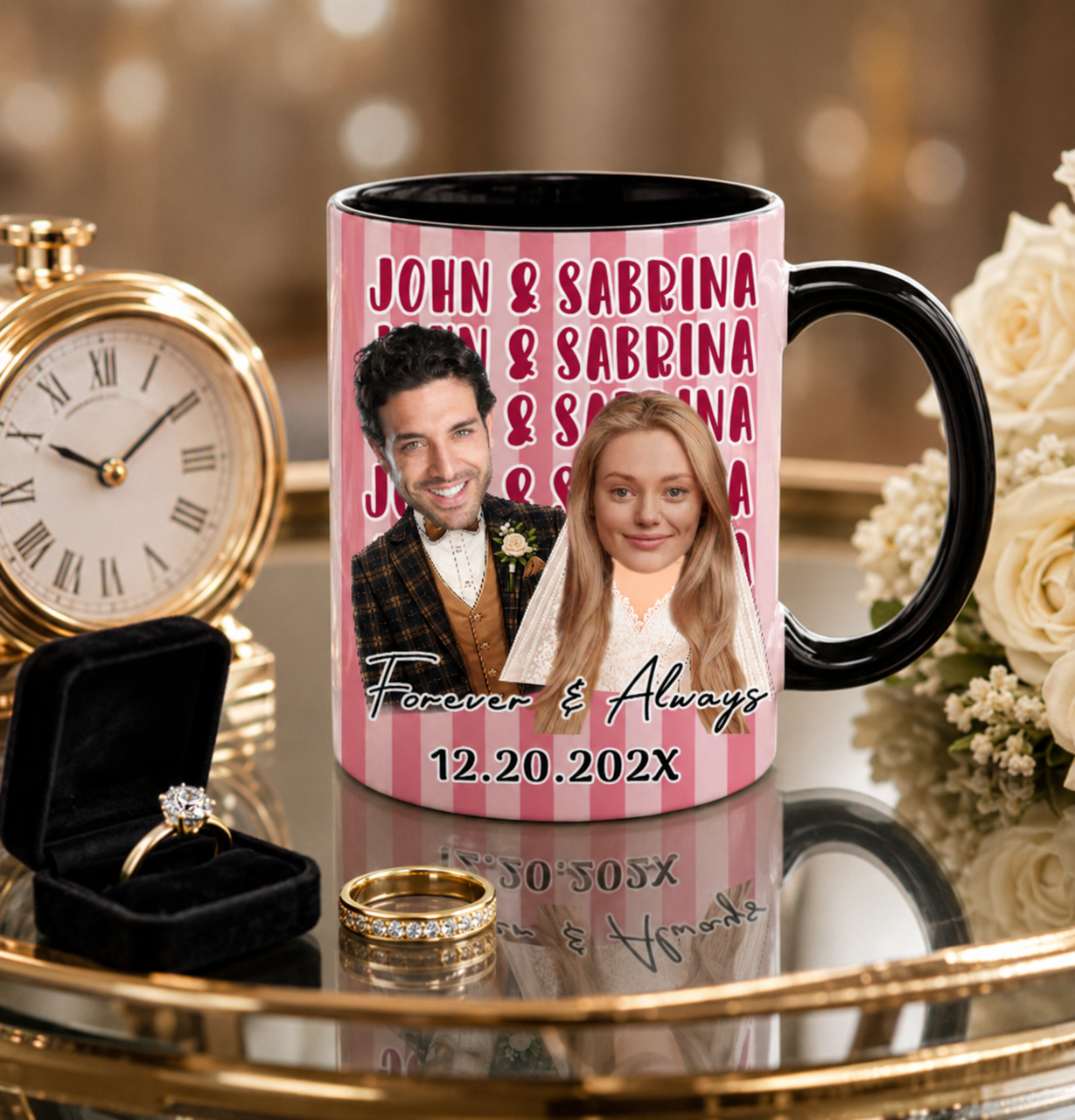 Personalized Wedding Anniversary Mug, Custom Face Couple Coffee Cup, Forever & Always, Just Married Gift 11oz 15oz