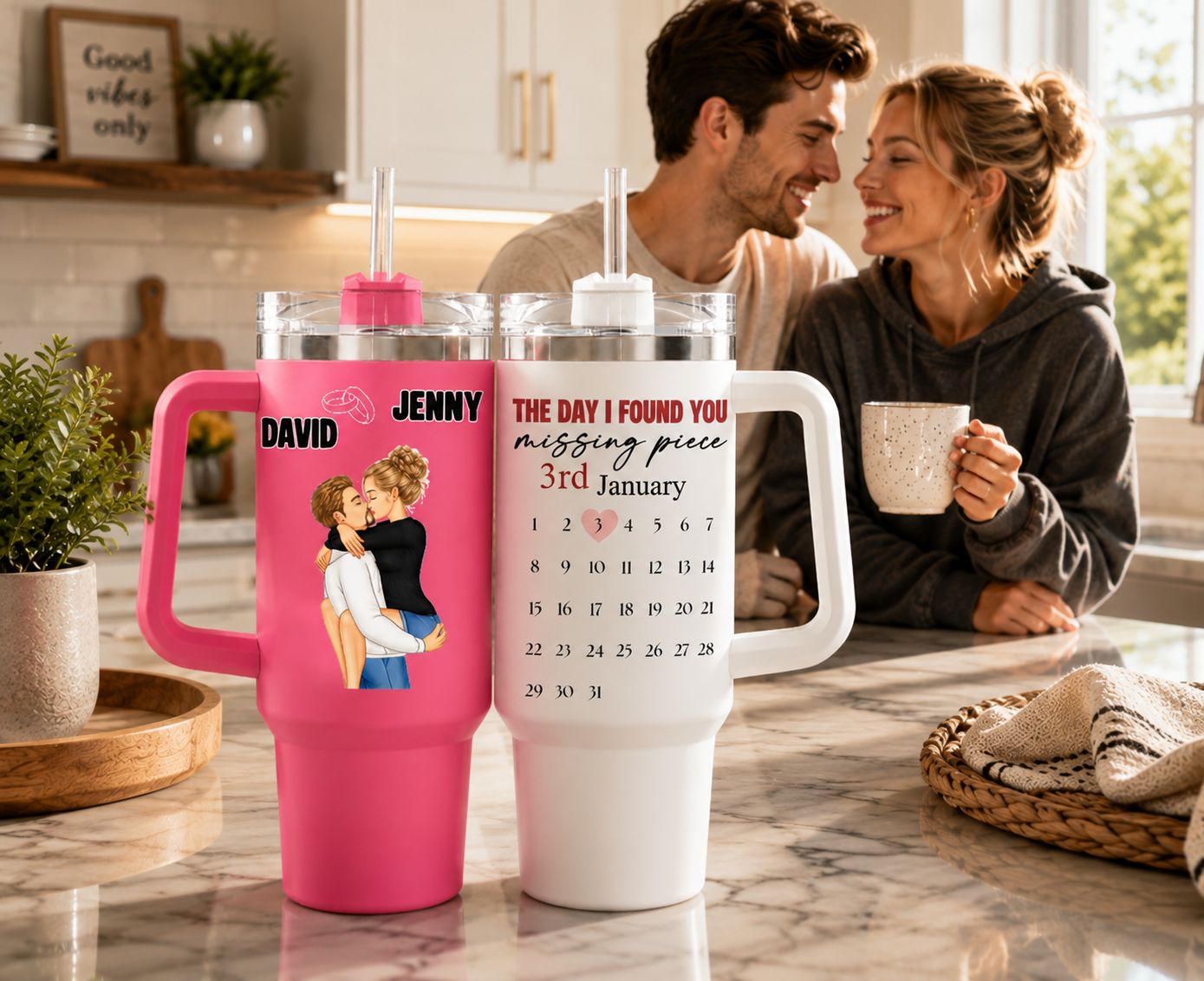"The Day I Found My Missing Piece" Personalized Couple Tumbler – Custom Names & Date Kissing Design, Stainless Steel Insulated Travel Cup, Romantic Anniversary, Valentine'S & Wedding Gift