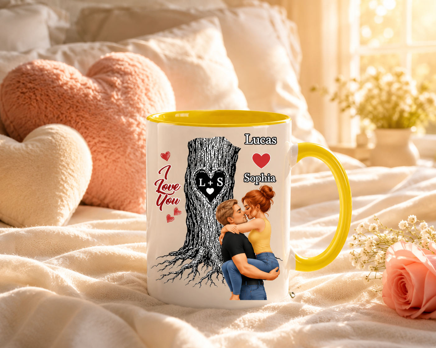 "Rooted In Love" Personalized Couple Mug – Custom Names & Heart-Carved Tree Design, Romantic Anniversary & Wedding Keepsake