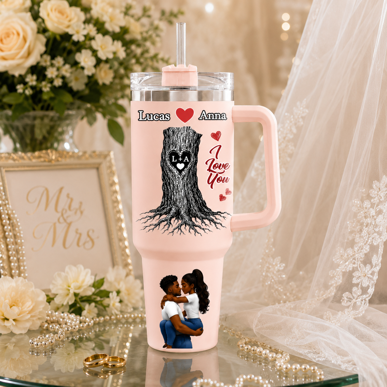 "Rooted In Love" Personalized 40oz Tumbler With Handle – Custom Names & Heart-Carved Tree Design, Romantic Anniversary & Wedding Keepsake