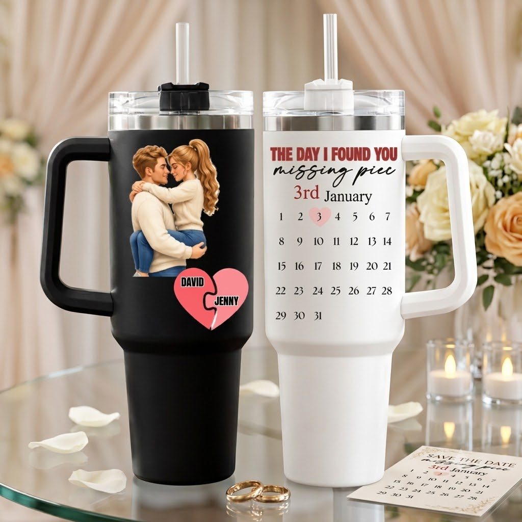 "The Day I Found You" Personalized 40oz Tumbler With Handle – Custom Names, Anniversary Date & Calendar Design, Stainless Steel Travel Mug