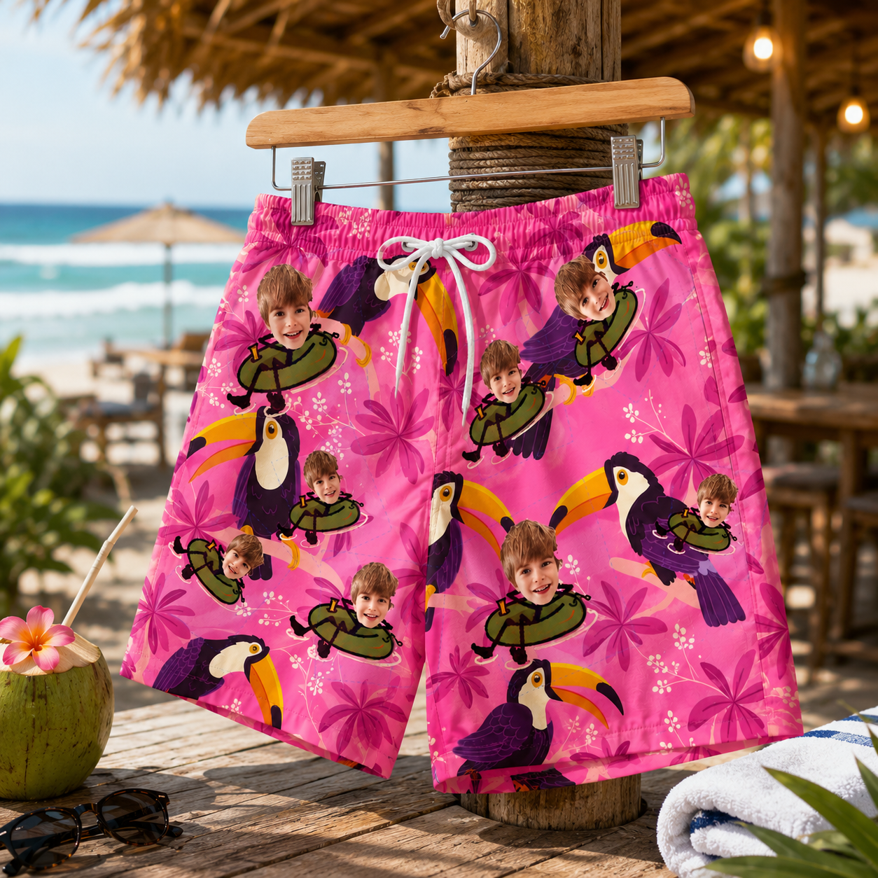 Personalized "Toucan Joy" Beach Shorts