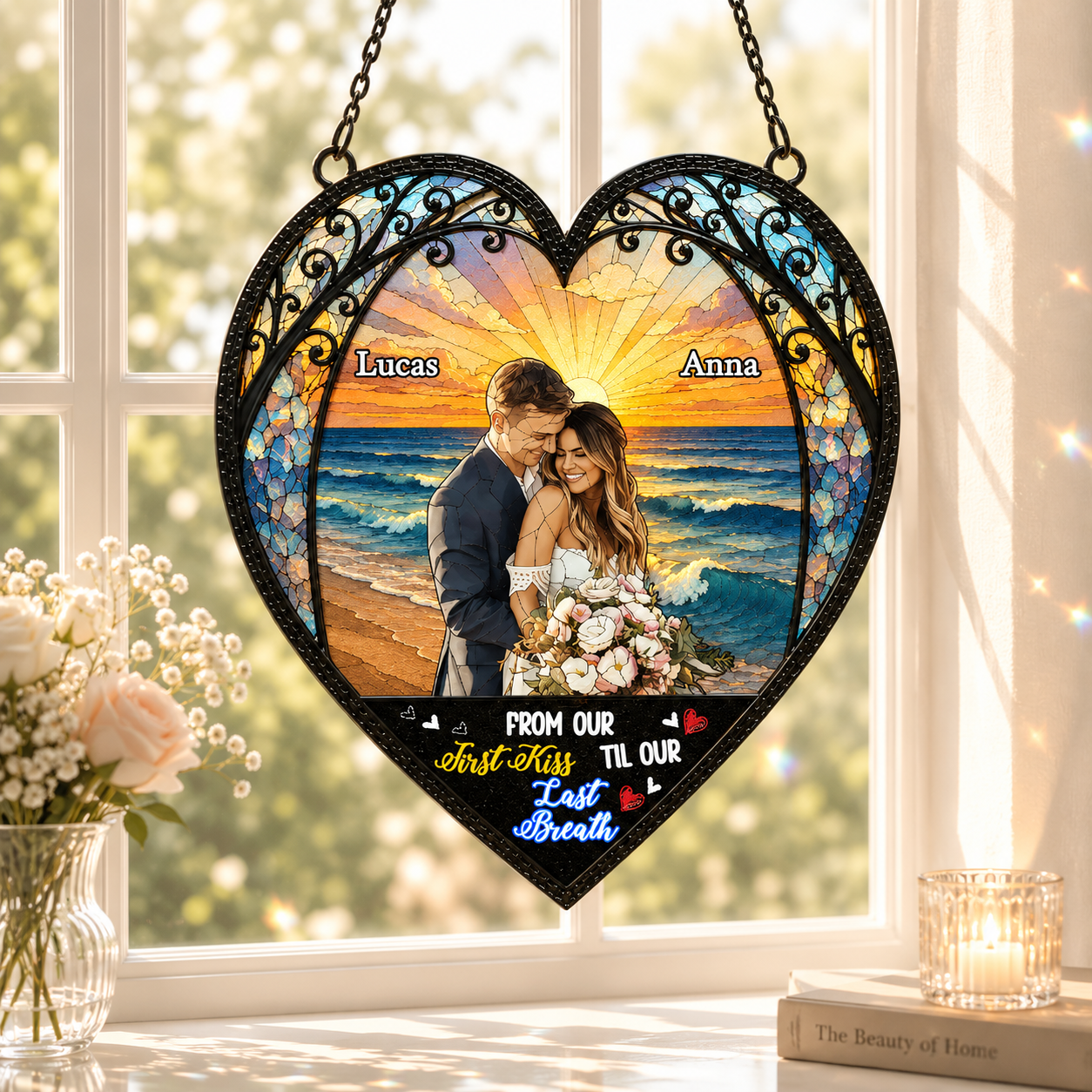 "Stained Glass Sunset" Personalized Photo Suncatcher – Custom Couple Portrait Heart Ornament, Romantic Anniversary & Wedding Keepsake